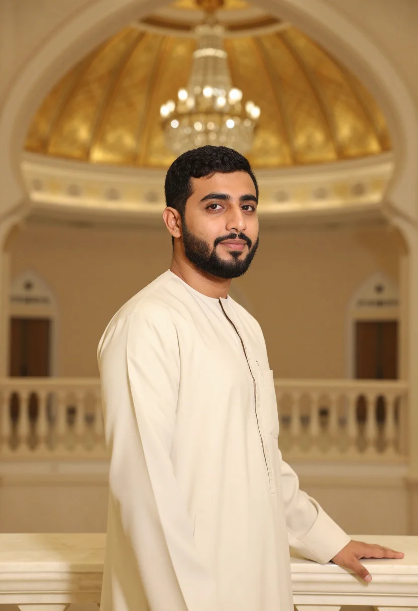 AI emirates palace abu dhabi gold dome sample — portrait of a man, an Emirati guest in his late twenties wit