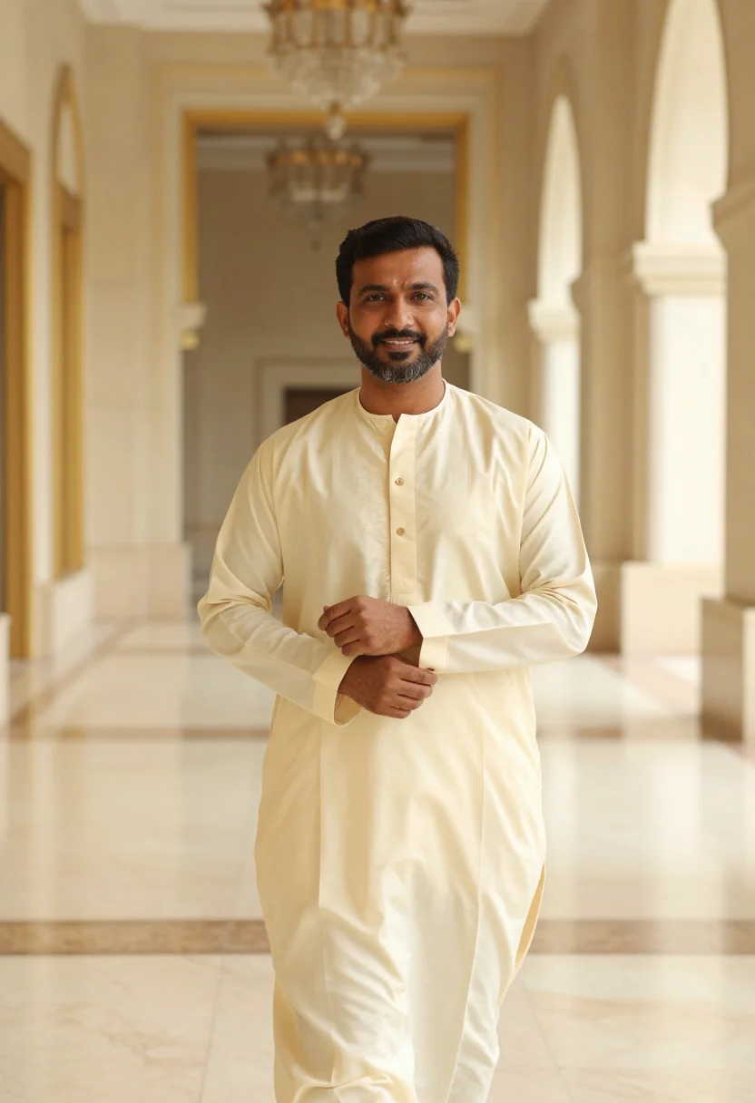 AI emirates palace abu dhabi gold dome sample — portrait of a man, an Indian guest in his early forties with
