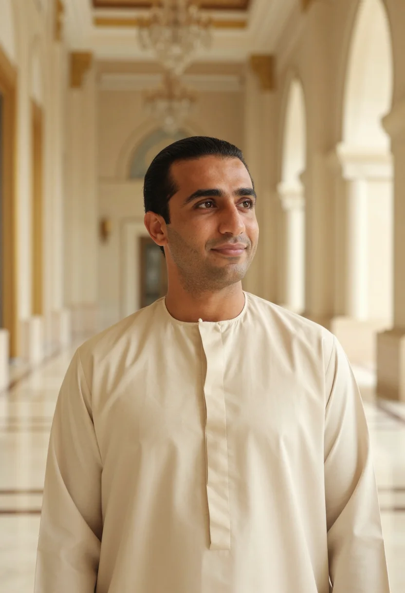AI emirates palace abu dhabi gold dome sample — portrait of a man, a Lebanese guest in his early thirties wi
