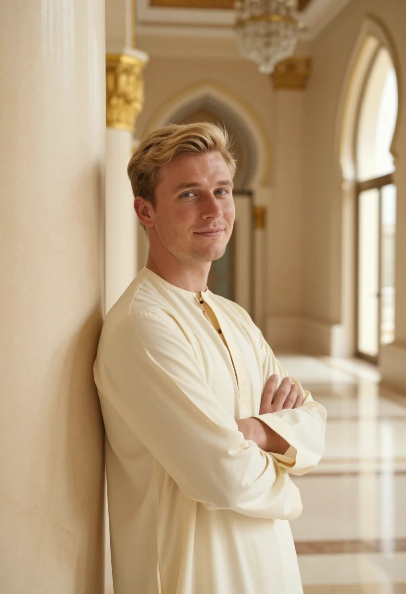 AI emirates palace abu dhabi gold dome sample — portrait of a man, an English guest in his mid-twenties with