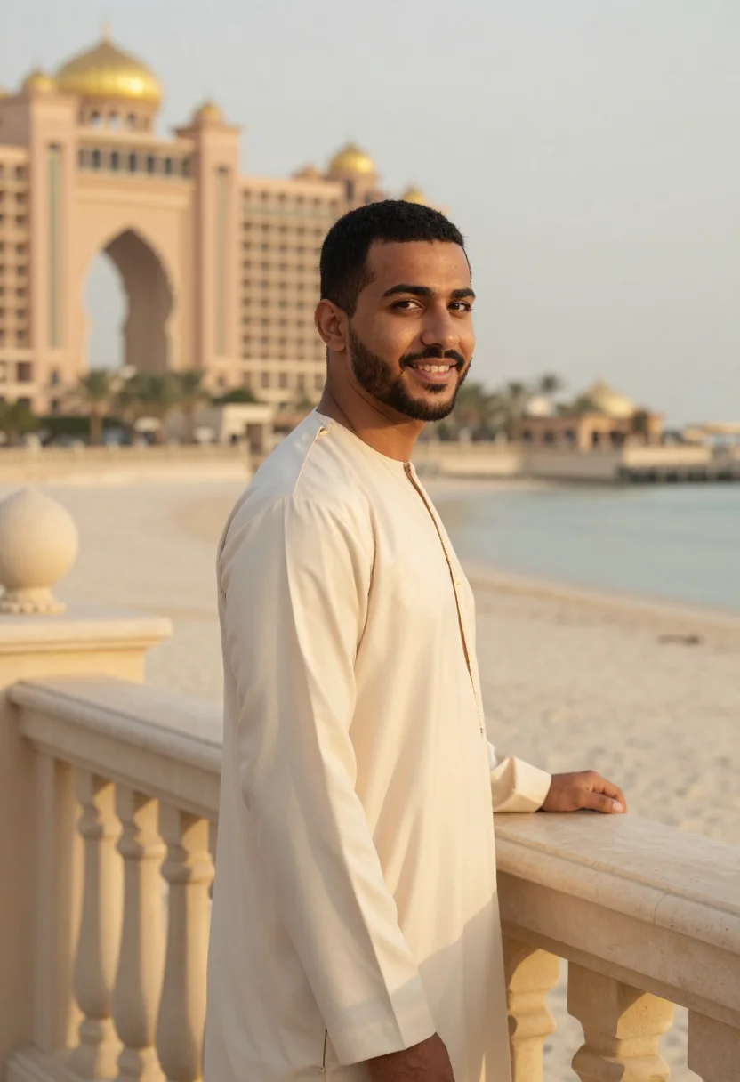 AI emirates palace abu dhabi gold dome sample — portrait of a man, a Moroccan guest in his early thirties wi