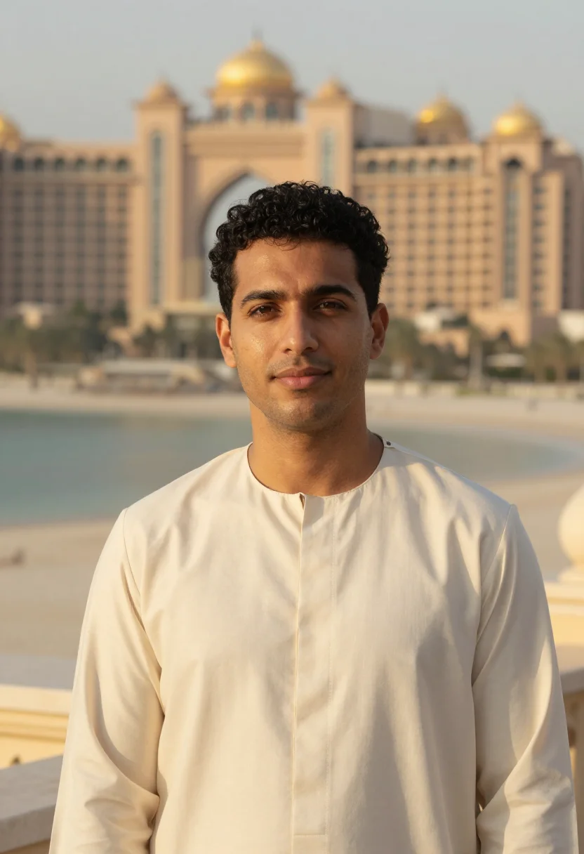 AI emirates palace abu dhabi gold dome sample — portrait of a man, a Spanish guest in his late twenties with