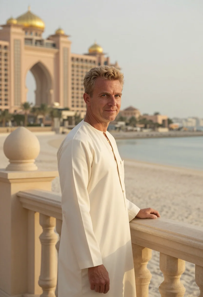 AI emirates palace abu dhabi gold dome sample — portrait of a man, a Dutch guest in his mid-thirties with fa