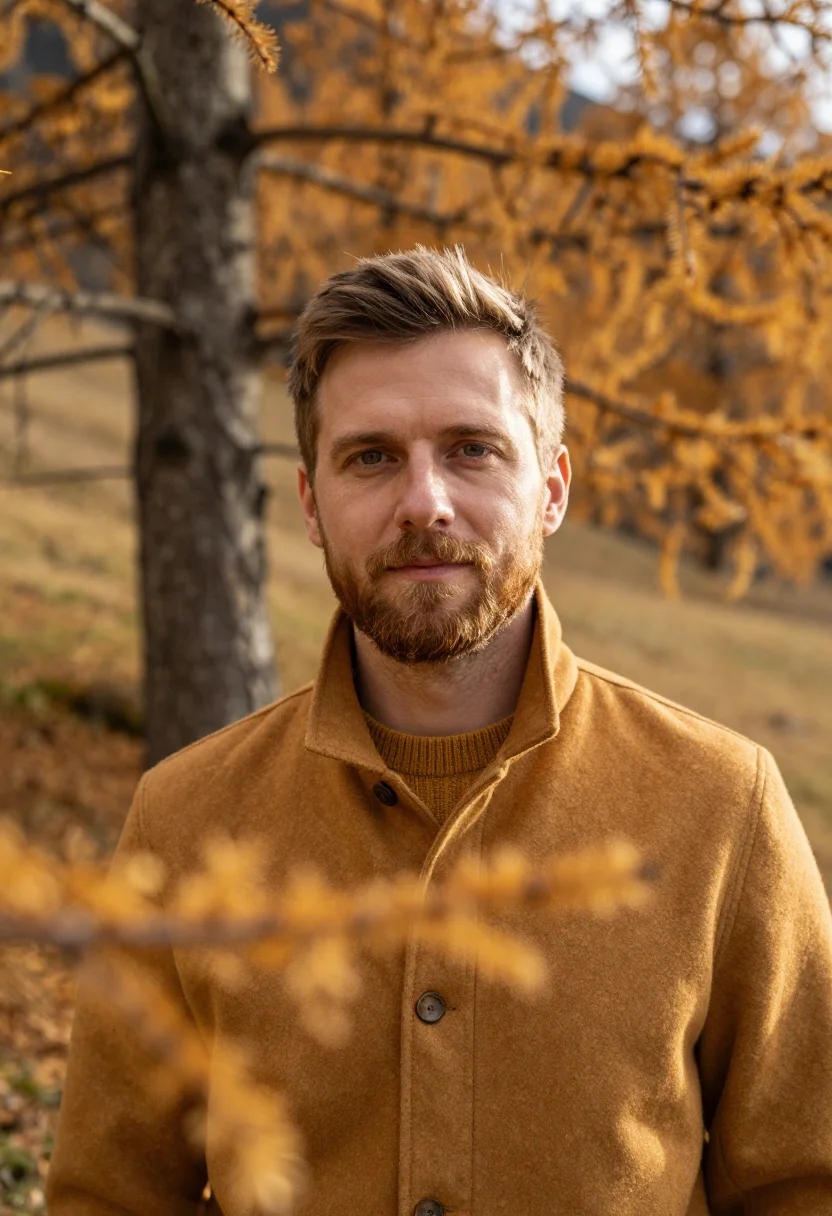 AI engadin larch gold sample — portrait of a man, framed tight, head and shoulders, the bod