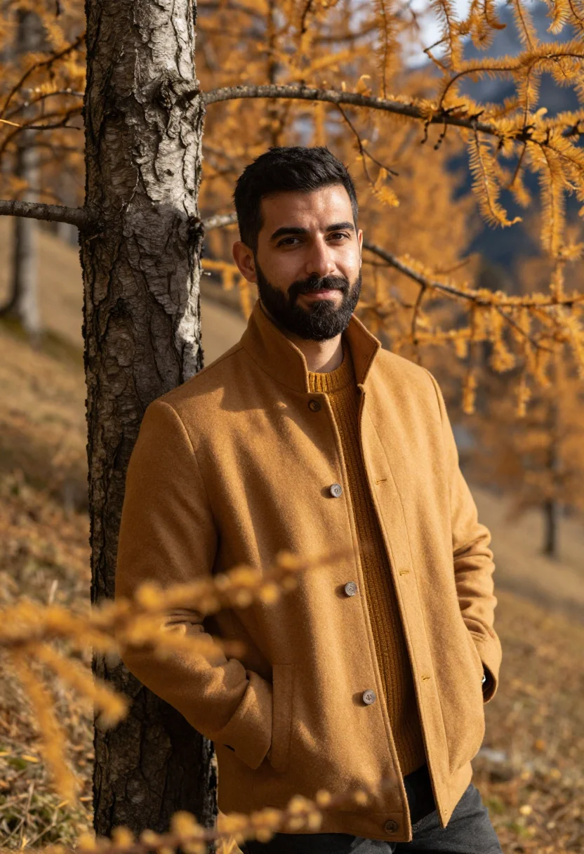 AI engadin larch gold sample — portrait of a man, framed half-length from the waist up, a m