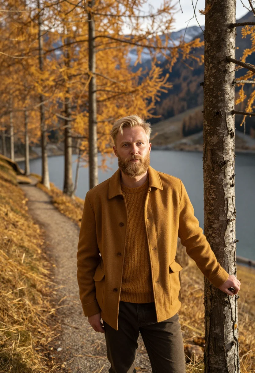 AI engadin larch gold sample — portrait of a man, framed half-length from the waist up, a m