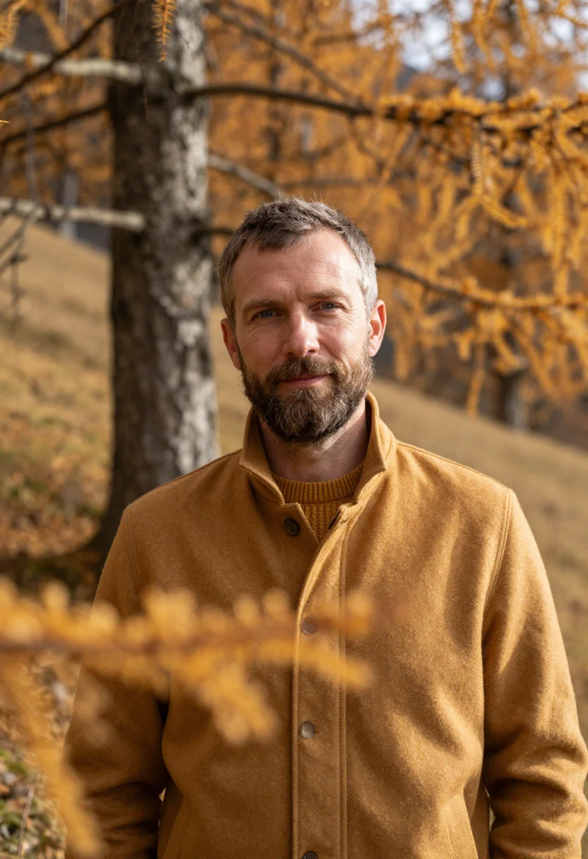 AI engadin larch gold sample — portrait of a man, framed chest-up from the ribs with the bo