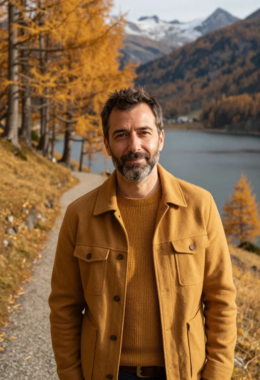 AI engadin larch gold sample — portrait of a man, framed chest-up from the ribs with the bo