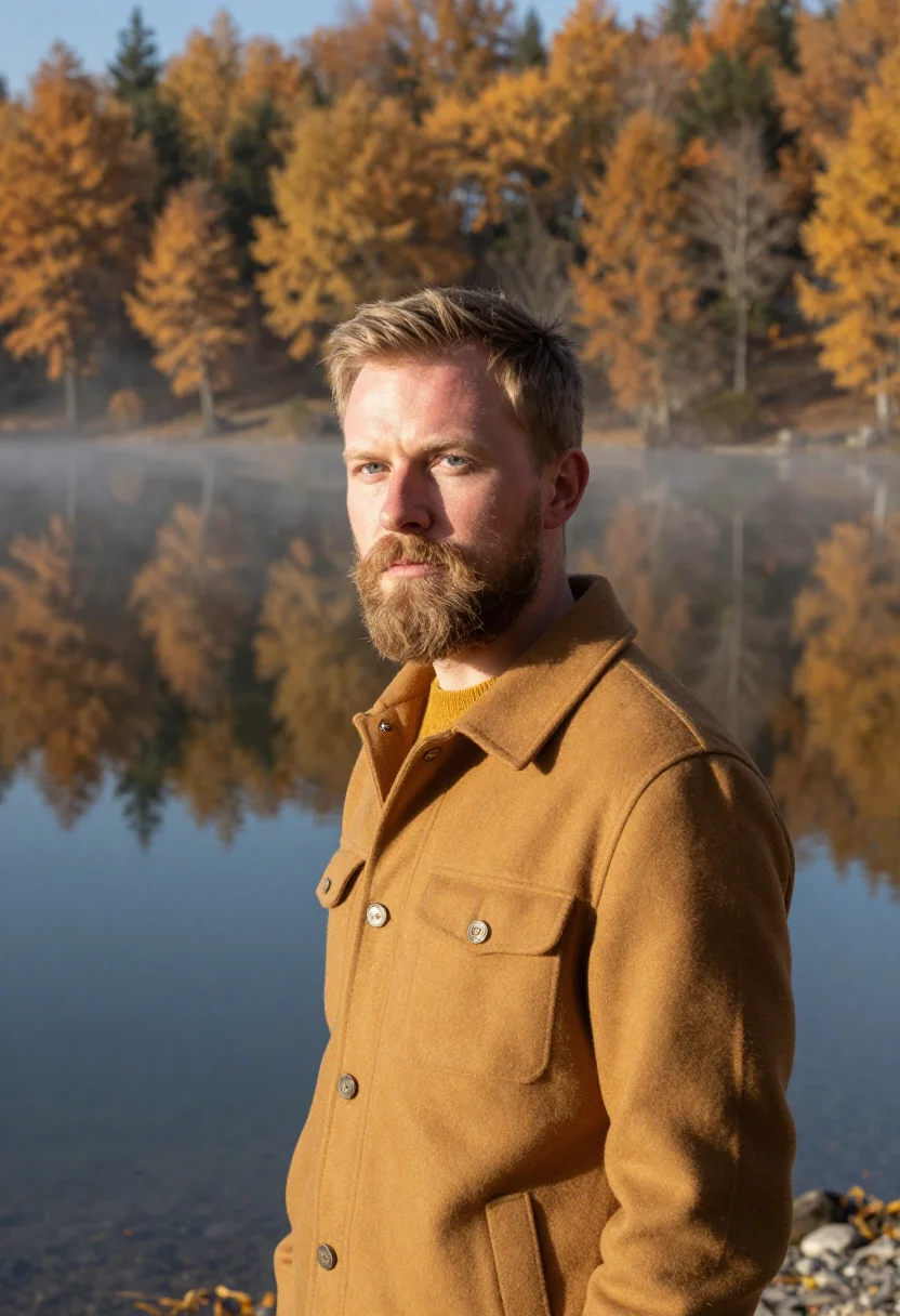 AI engadin larch gold sample — portrait of a man, framed chest-up from the ribs with the bo