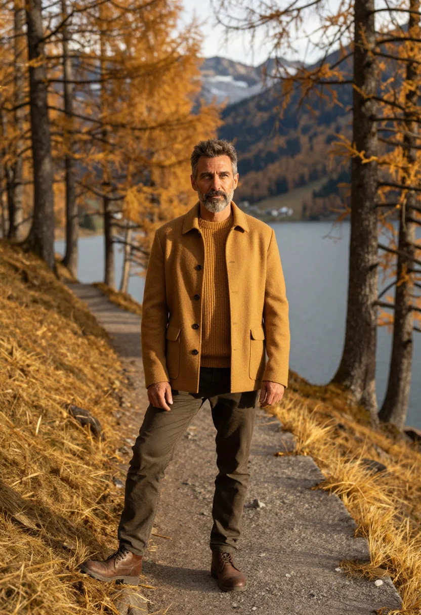 AI engadin larch gold sample — portrait of a man, framed full-length from the boots to just