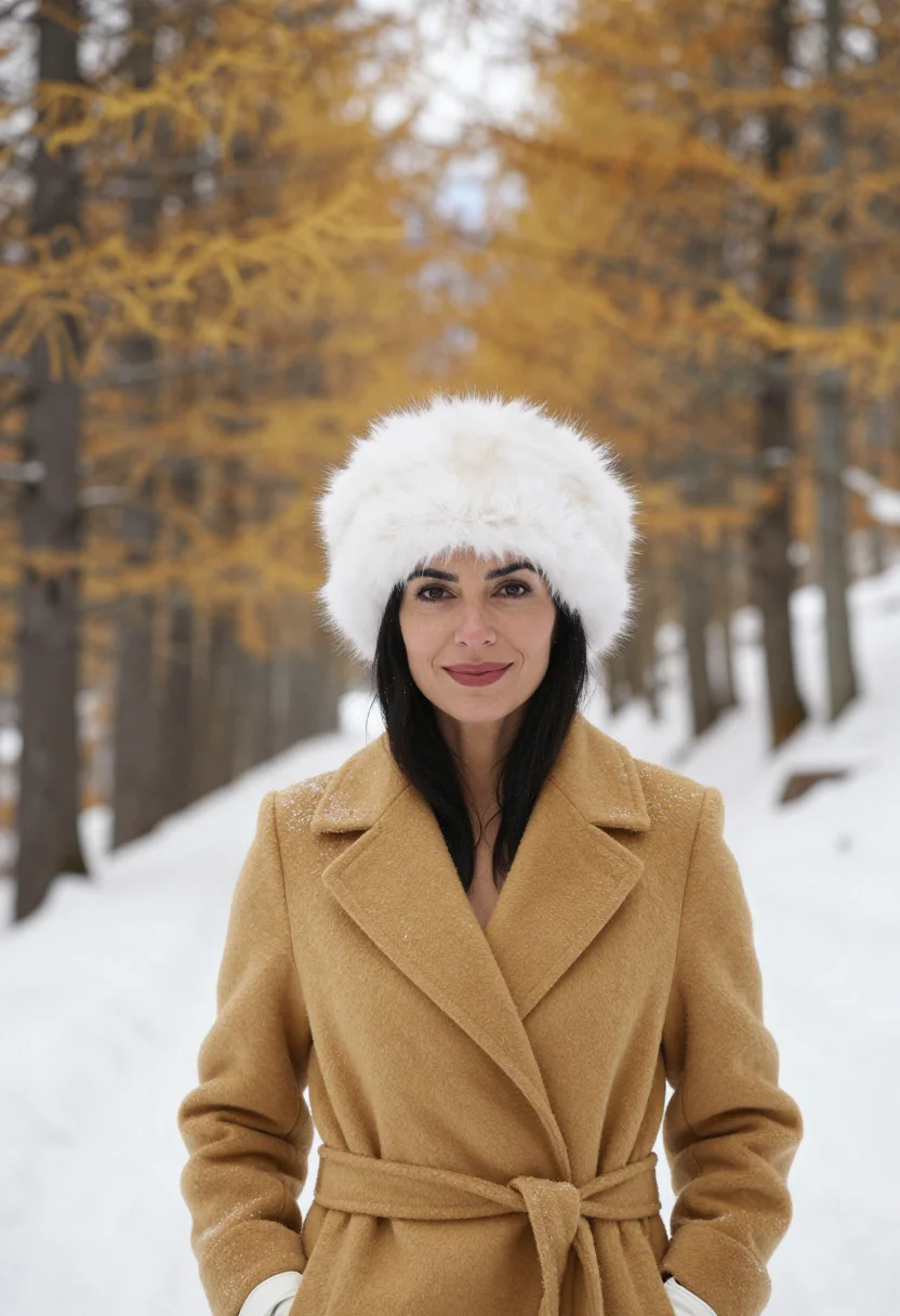 AI engadin sils larch gold snow sample — portrait of a woman, framed tight, head and shoulders, the b