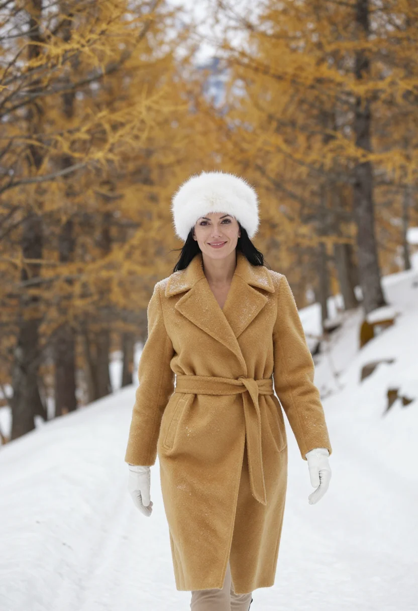 AI engadin sils larch gold snow sample — portrait of a woman, framed half-length, the crop at the wai
