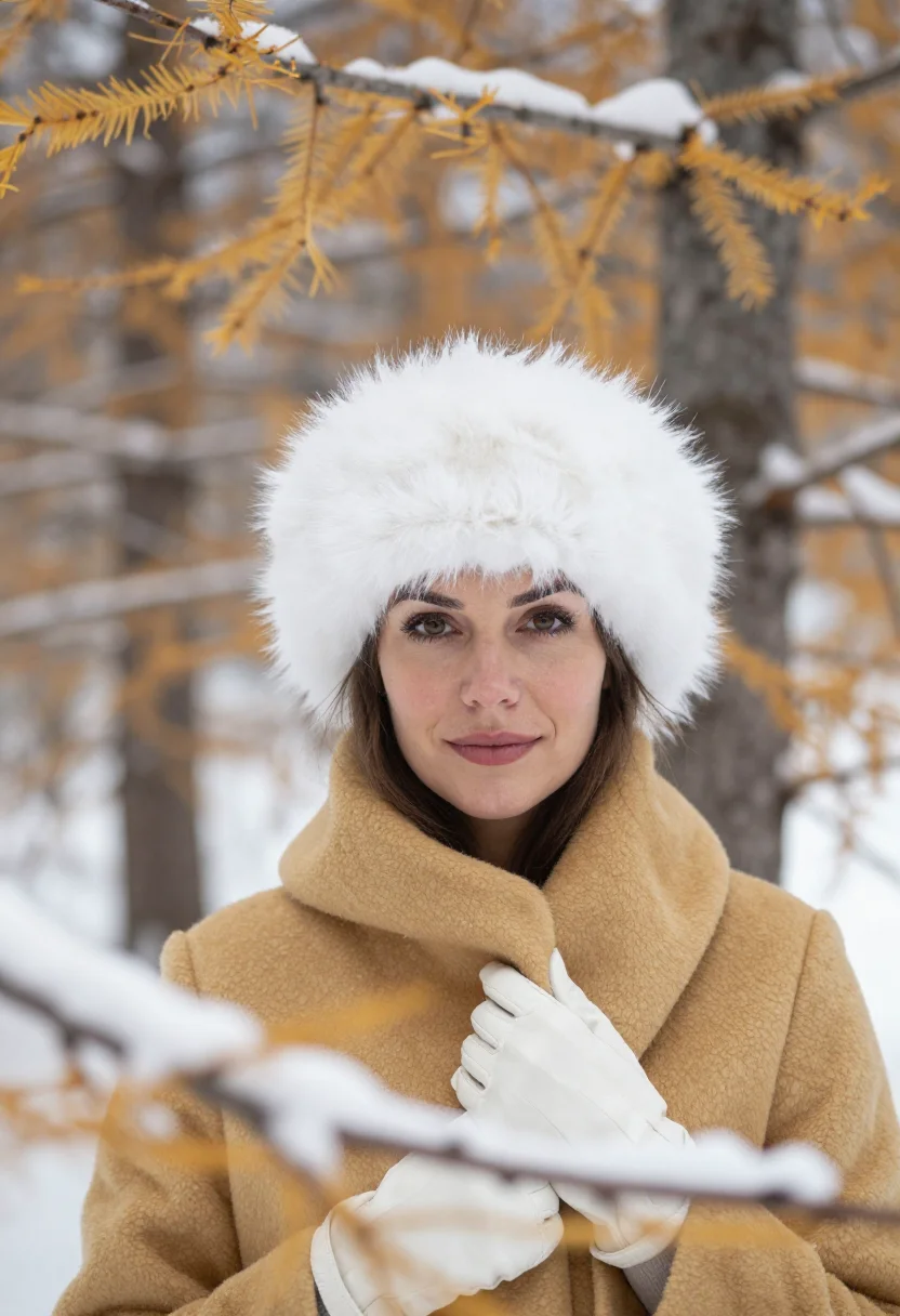 AI engadin sils larch gold snow sample — portrait of a woman, framed tight, head and shoulders, the b