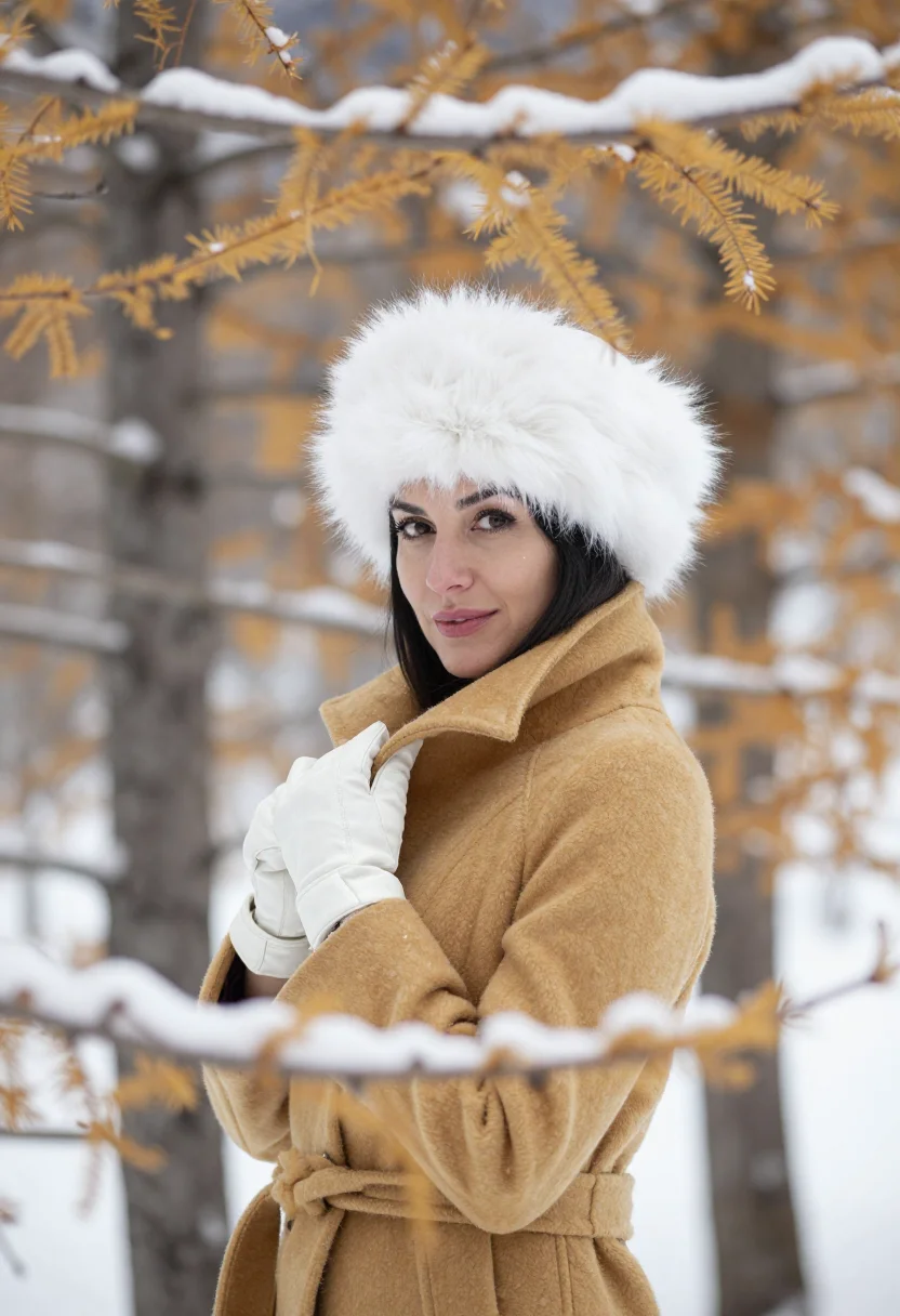 AI engadin sils larch gold snow sample — portrait of a woman, framed chest-up, the crop stopping at t