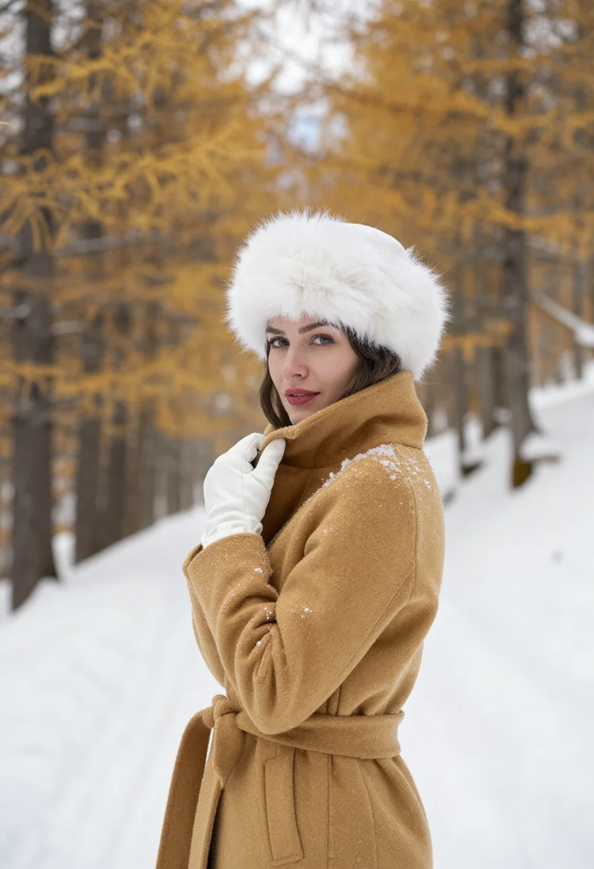 AI engadin sils larch gold snow sample — portrait of a woman, framed chest-up, the crop stopping at t