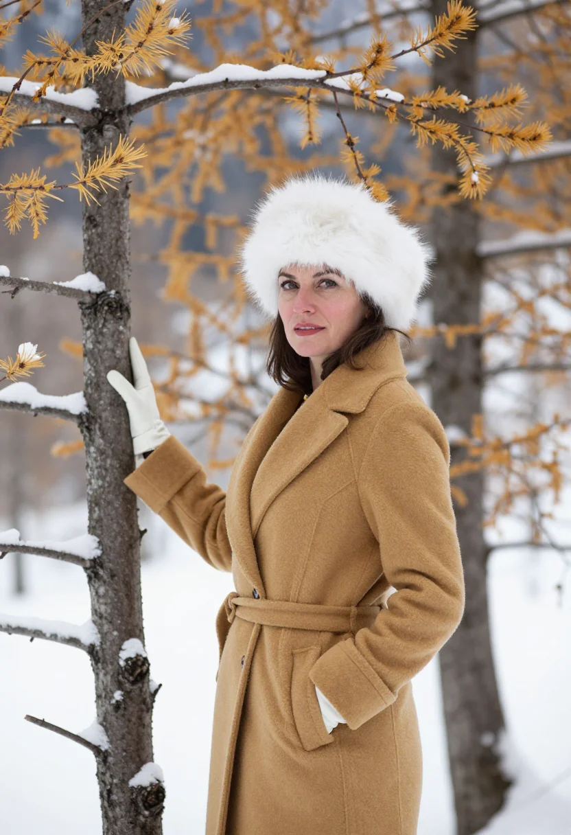 AI engadin sils larch gold snow sample — portrait of a woman, framed half-length, the crop at the wai