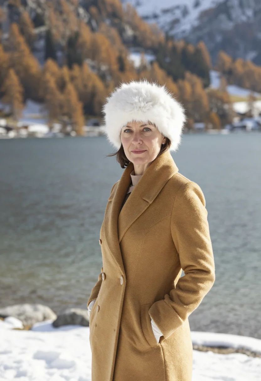 AI engadin sils larch gold snow sample — portrait of a woman, framed half-length, the crop at the wai