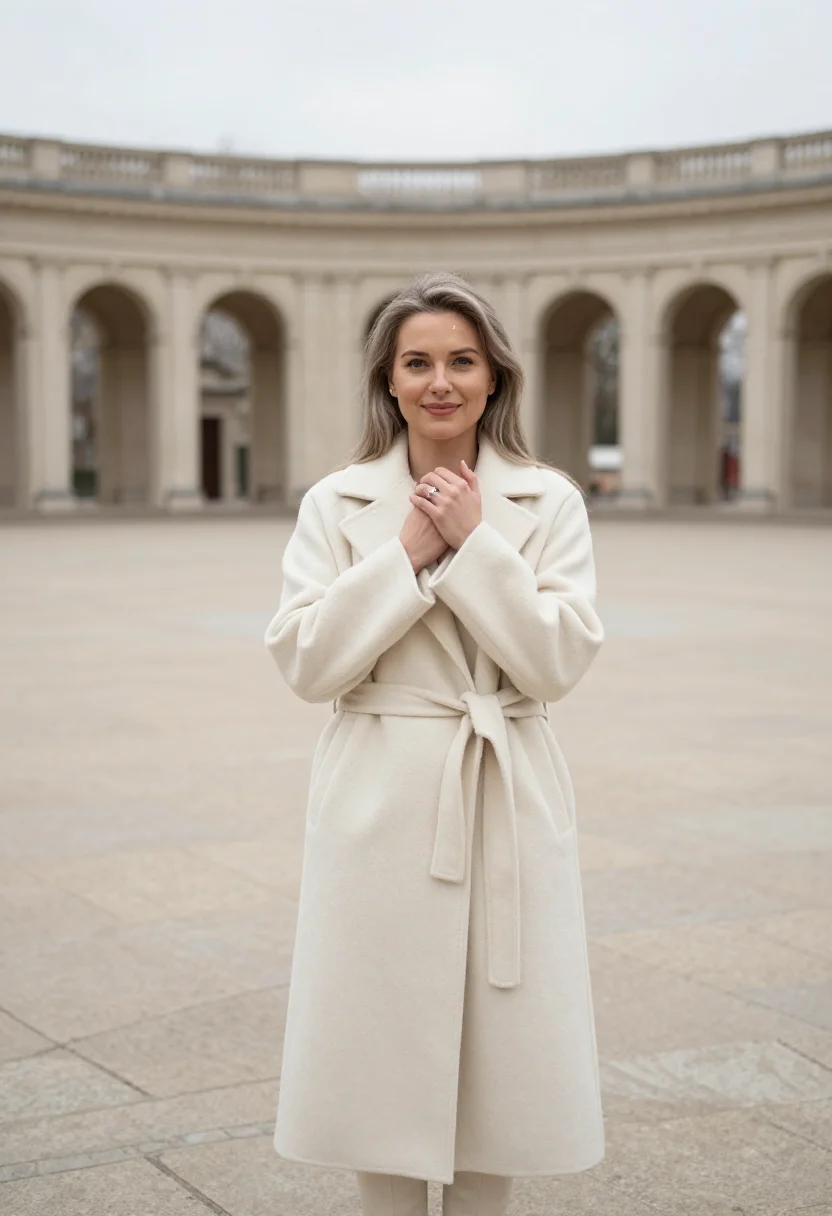 AI engagement cream coat ring sample — portrait of a woman, framed chest-up, the camera at eye heig