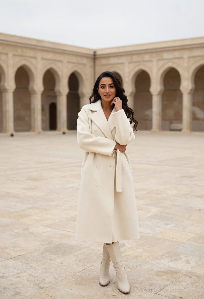 AI engagement cream coat ring sample — portrait of a woman, framed wide from the corner of the squa