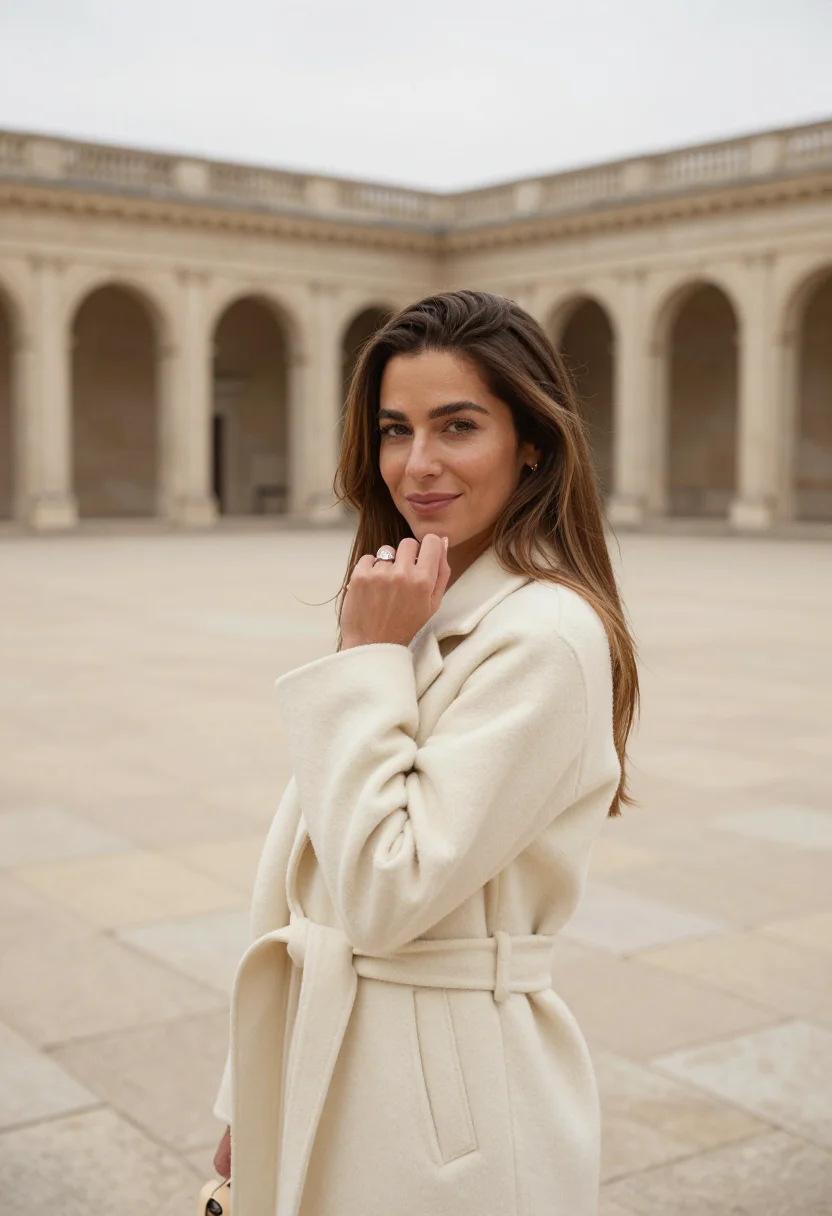 AI engagement cream coat ring sample — portrait of a woman, framed tight, head and shoulders, the b