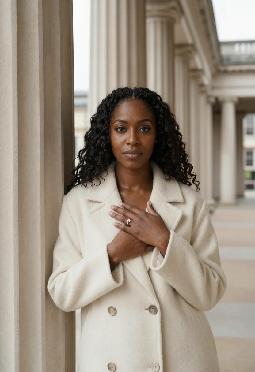 AI engagement cream coat ring sample — portrait of a woman, framed chest-up, the camera at eye heig