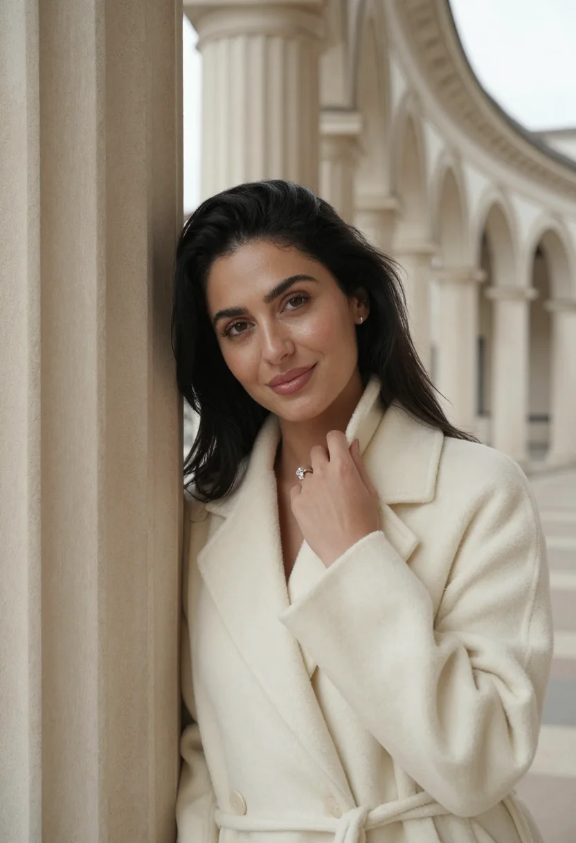 AI engagement cream coat ring sample — portrait of a woman, framed tight, head and shoulders, the b