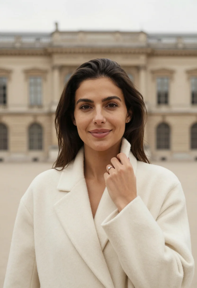AI engagement cream coat ring sample — portrait of a woman, framed chest-up, the camera at eye heig