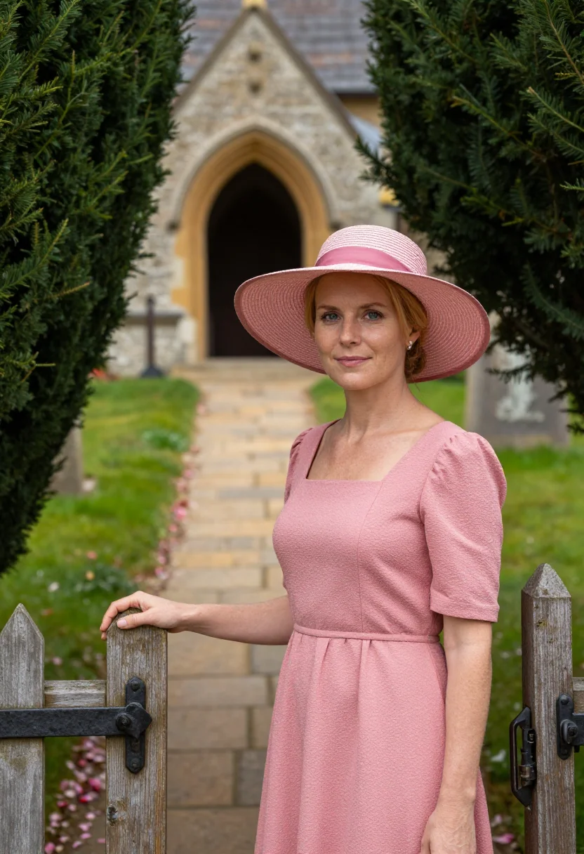 AI english church wedding guest may hat pink sample — portrait of a woman, framed chest-up, cropped at the ribs, t