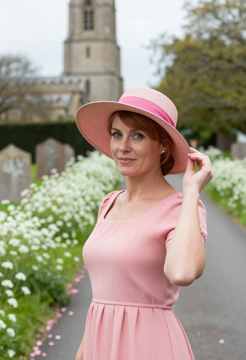 AI english church wedding guest may hat pink sample — portrait of a woman, framed chest-up, cropped at the ribs, t
