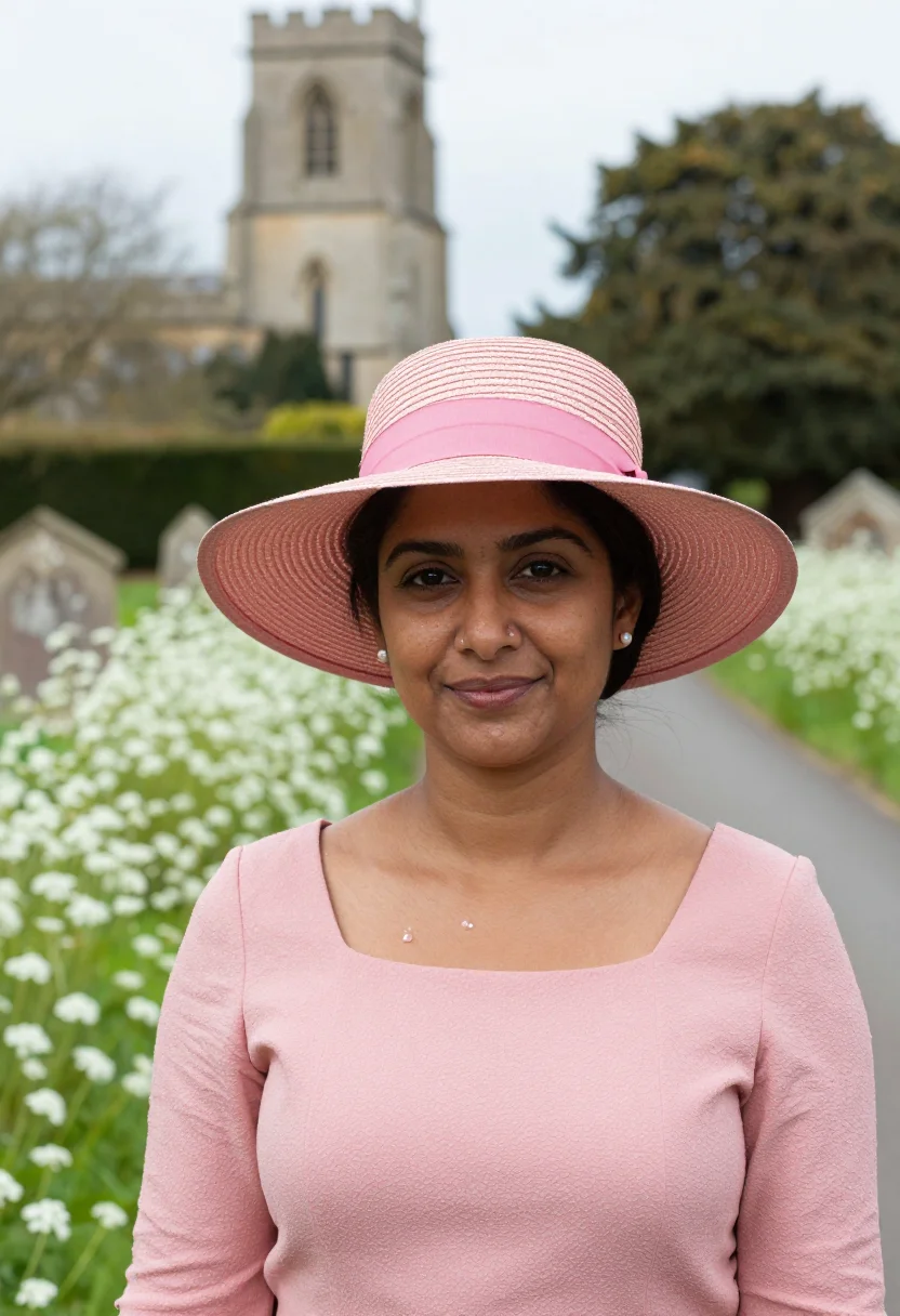 AI english church wedding guest may hat pink sample — portrait of a woman, framed tight, head and shoulders, the b