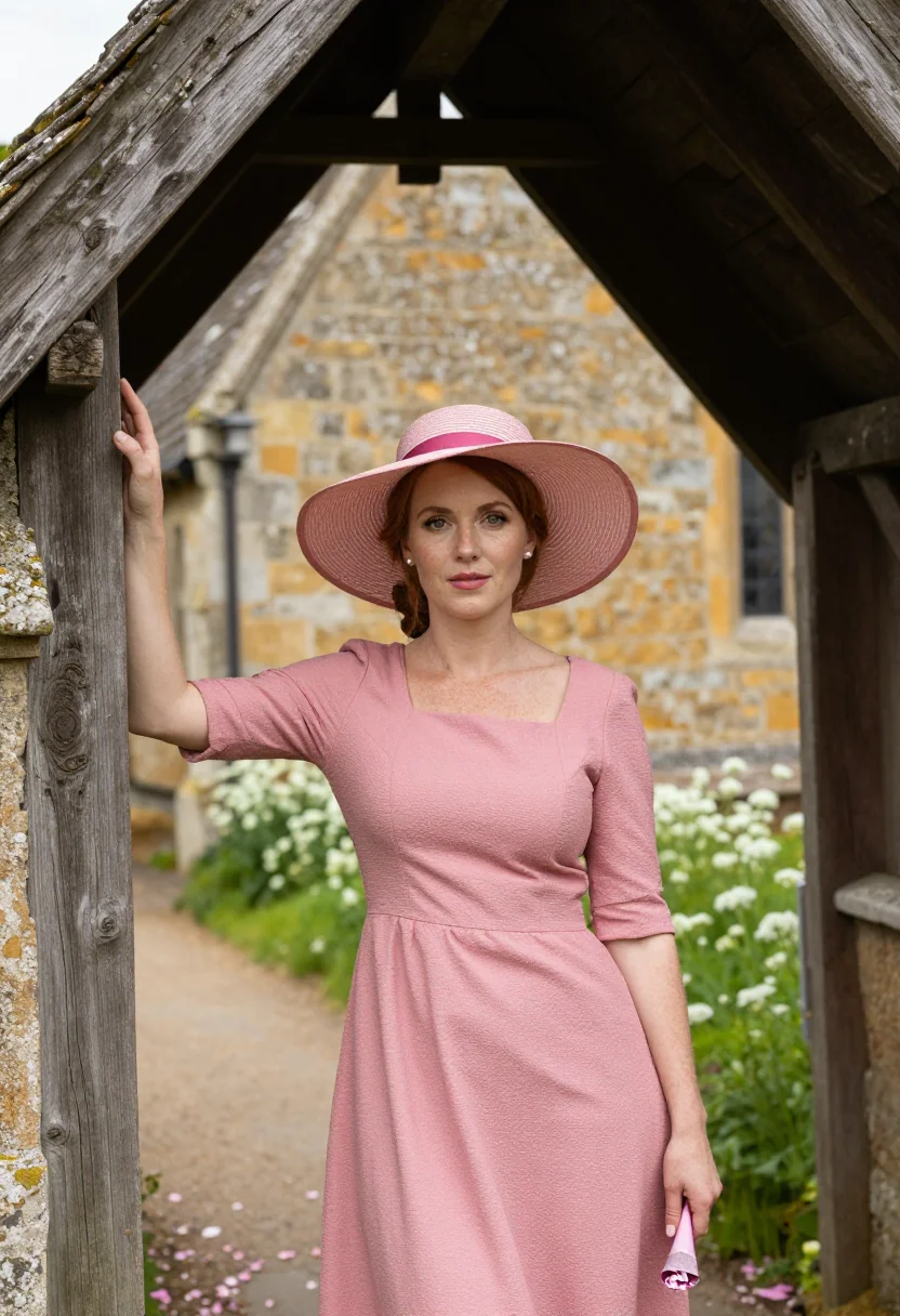 AI english church wedding guest may hat pink sample — portrait of a woman, framed half-length from the head to the