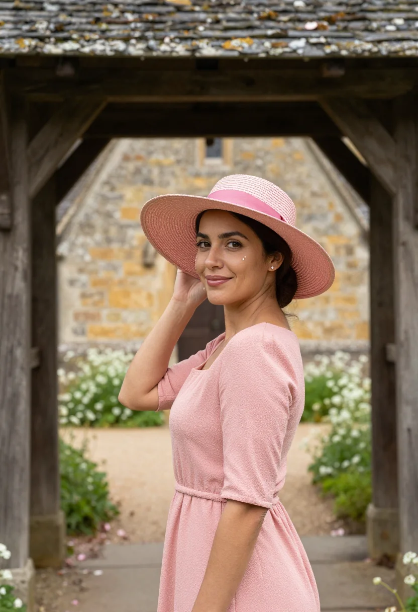 AI english church wedding guest may hat pink sample — portrait of a woman, framed chest-up, cropped at the ribs, t