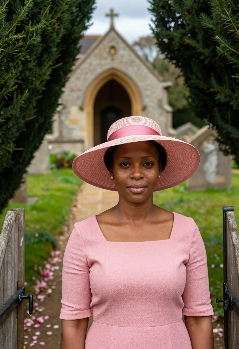 AI english church wedding guest may hat pink sample — portrait of a woman, framed tight, head and shoulders, the b