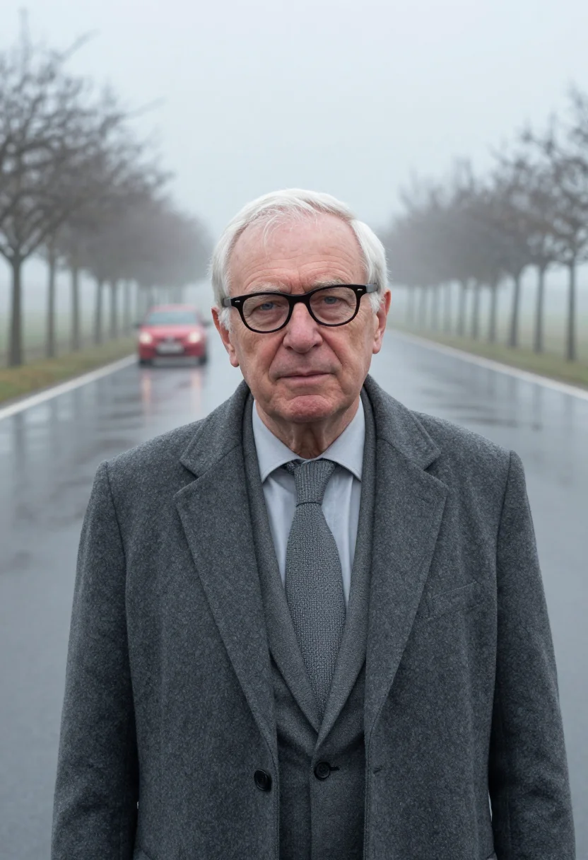 AI enzo ferrari maranello january fog red sample — portrait of a man, framed tight, head and shoulders, the bod