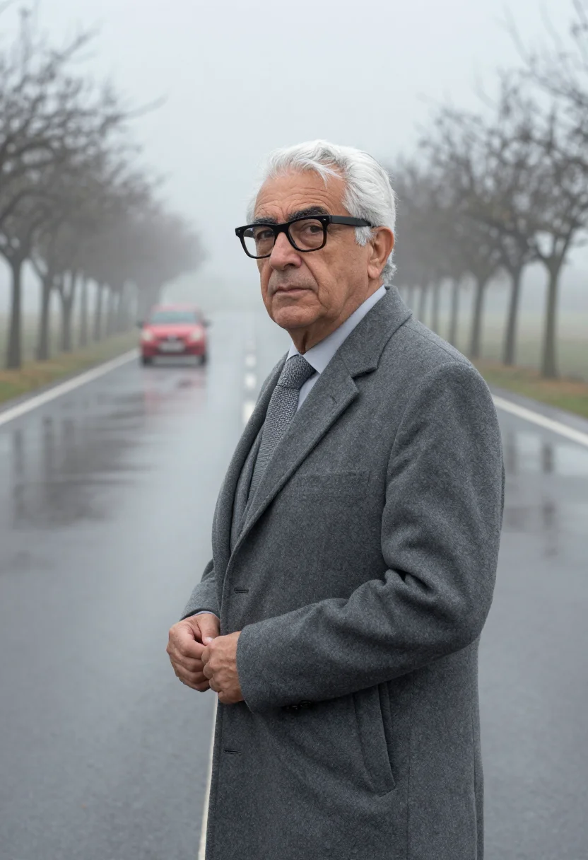 AI enzo ferrari maranello january fog red sample — portrait of a man, framed chest-up to the ribs, the body clo