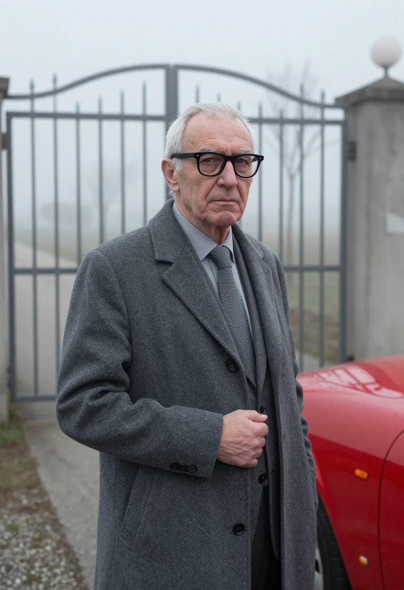 AI enzo ferrari maranello january fog red sample — portrait of a man, framed chest-up to the ribs, the body clo