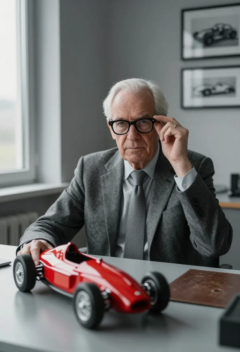 AI enzo ferrari maranello january fog red sample — portrait of a man, framed half-length from the head to the h