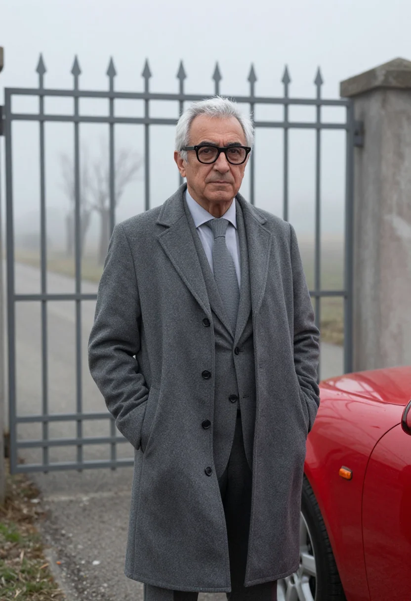 AI enzo ferrari maranello january fog red sample — portrait of a man, framed three-quarter length from the head