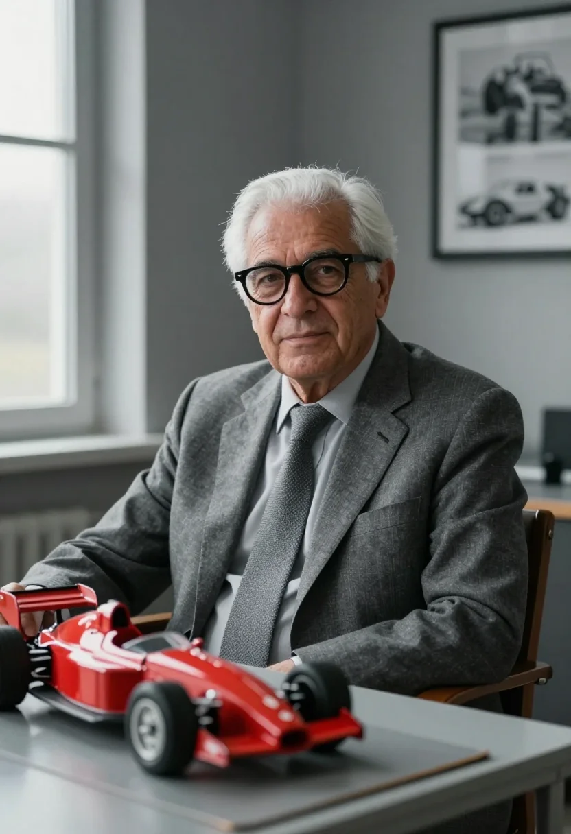 AI enzo ferrari maranello january fog red sample — portrait of a man, framed chest-up to the ribs, the body clo