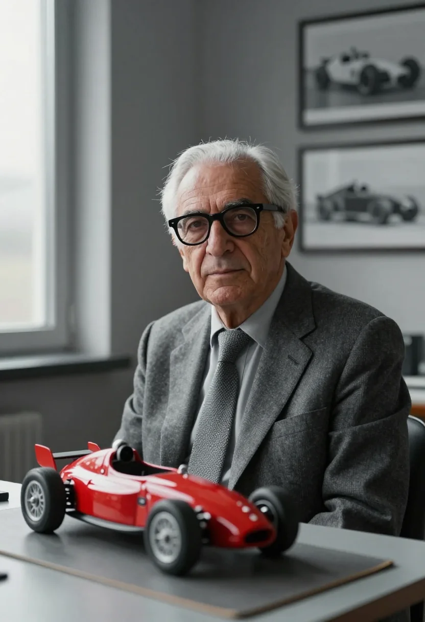 AI enzo ferrari maranello january fog red sample — portrait of a man, framed tight, head and shoulders, the bod