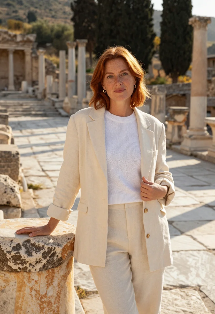 AI ephesus archaeologist marble library sample — portrait of a woman, an archaeologist in her mid-forties, No