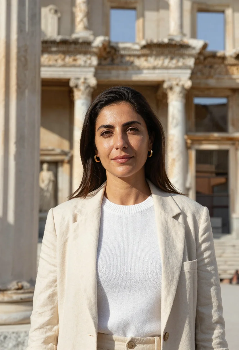 AI ephesus archaeologist marble library sample — portrait of a woman, an archaeologist in her late thirties,