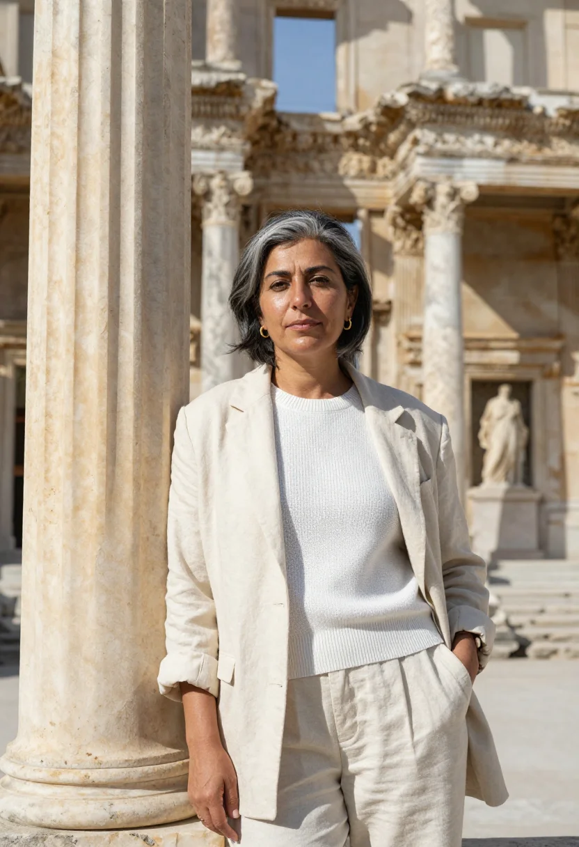 AI ephesus archaeologist marble library sample — portrait of a woman, an archaeologist in her early fifties,