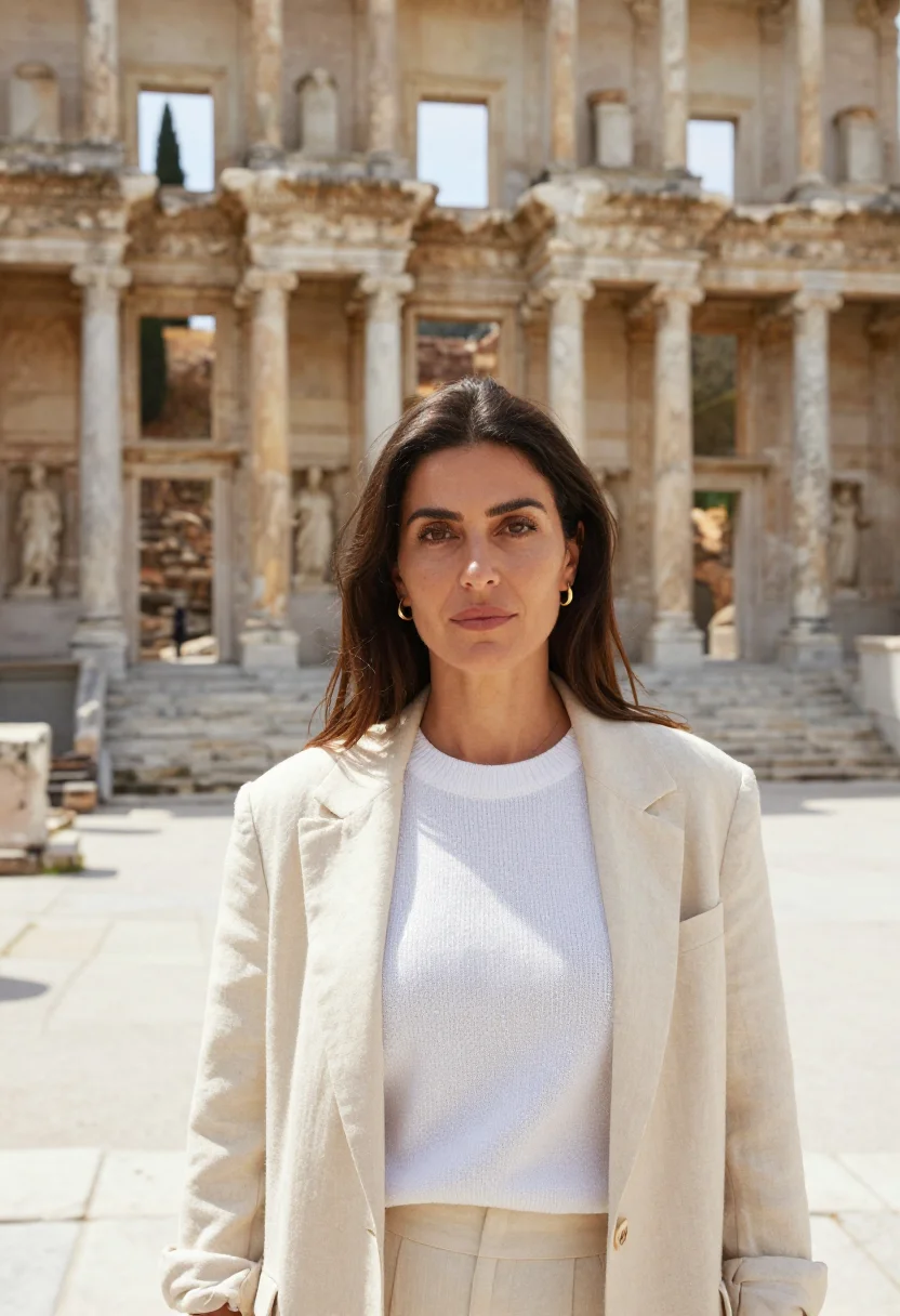 AI ephesus archaeologist marble library sample — portrait of a woman, an archaeologist in her early forties,