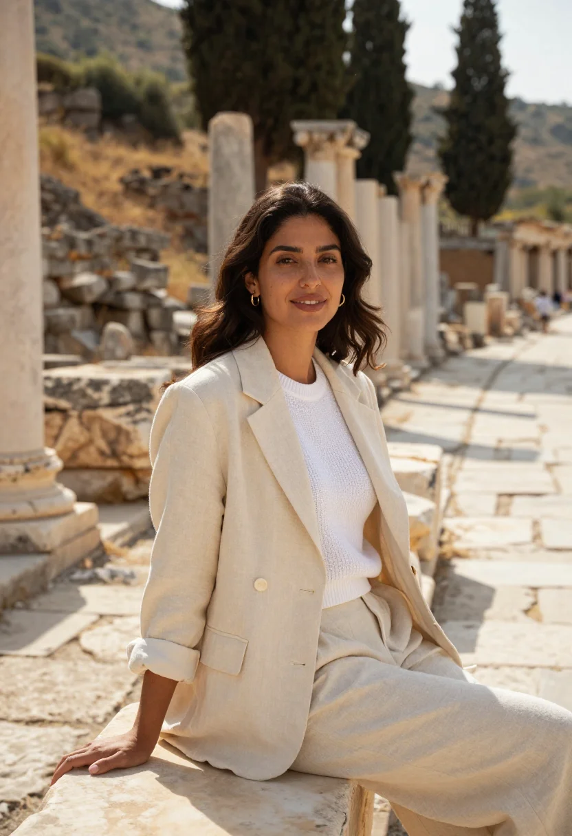 AI ephesus archaeologist marble library sample — portrait of a woman, an archaeologist in her late twenties,