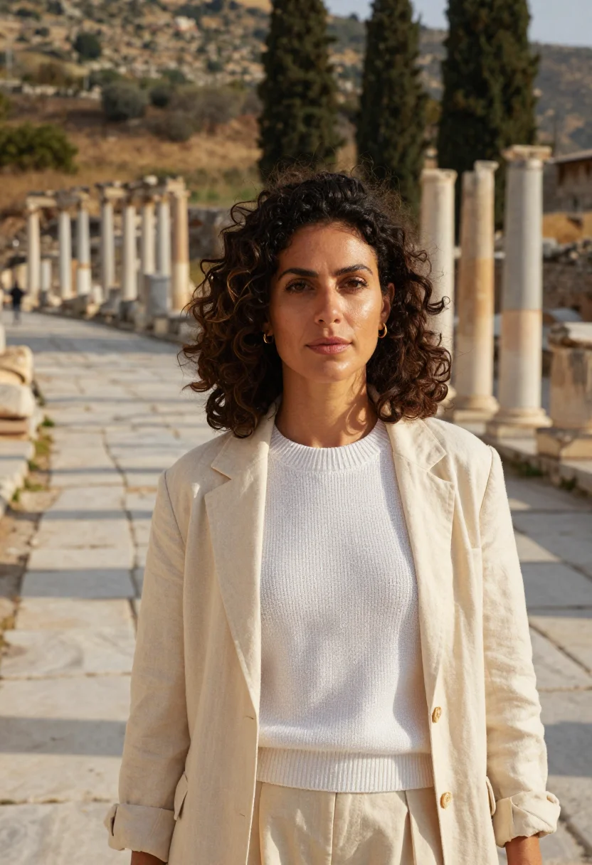 AI ephesus archaeologist marble library sample — portrait of a woman, an archaeologist in her mid-thirties, o