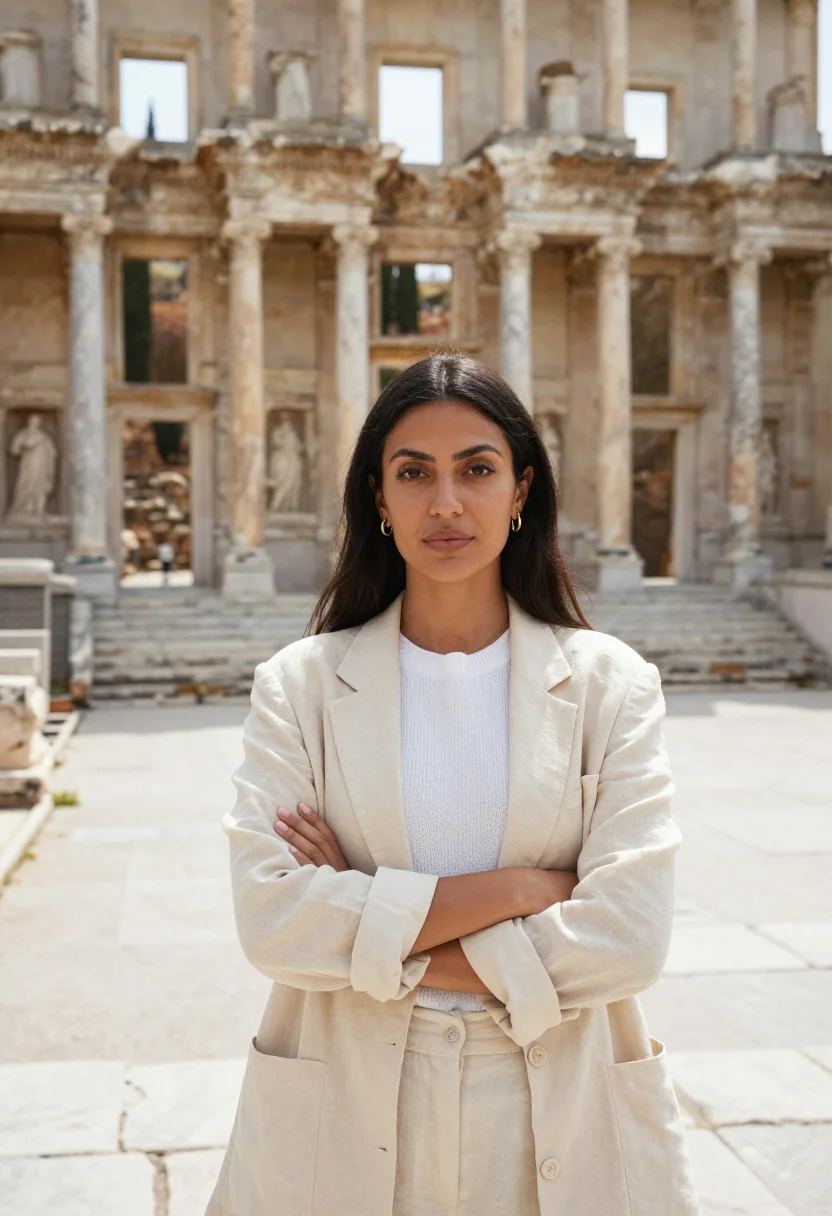 AI ephesus archaeologist marble library sample — portrait of a woman, an archaeologist in her early thirties,