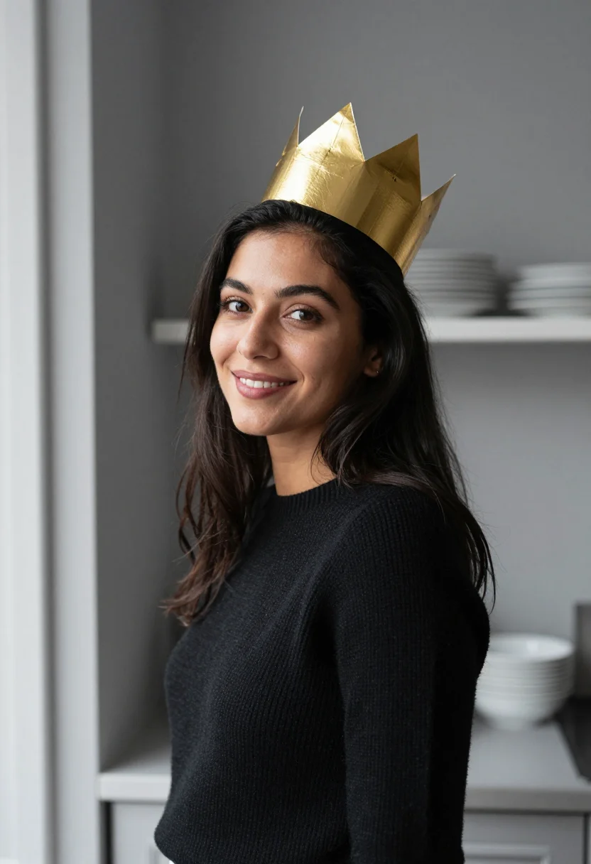 AI epiphany galette gold crown sample — portrait of a woman, framed chest-up, cropped at the ribs, t