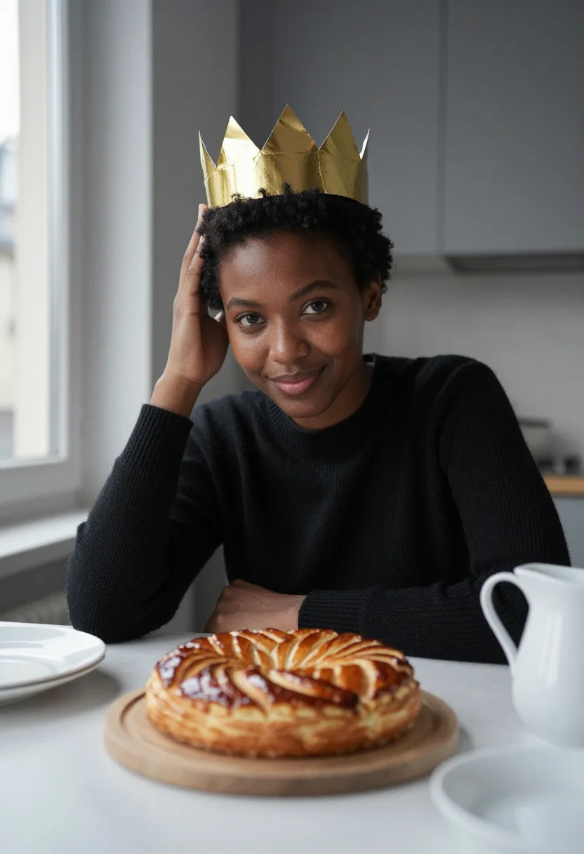 AI epiphany galette gold crown sample — portrait of a woman, framed tight, head and shoulders, the b