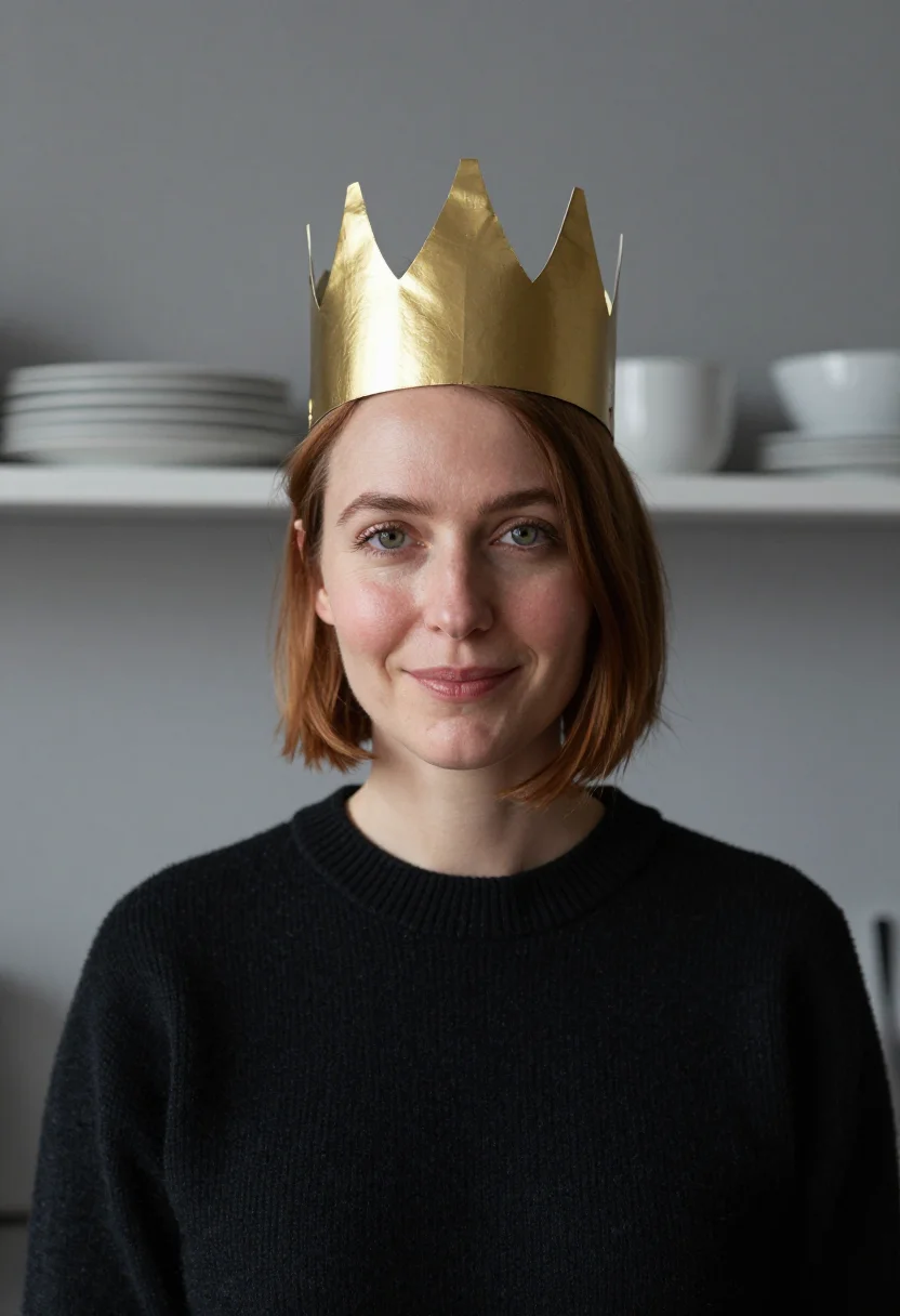 AI epiphany galette gold crown sample — portrait of a woman, framed tight, head and shoulders with t
